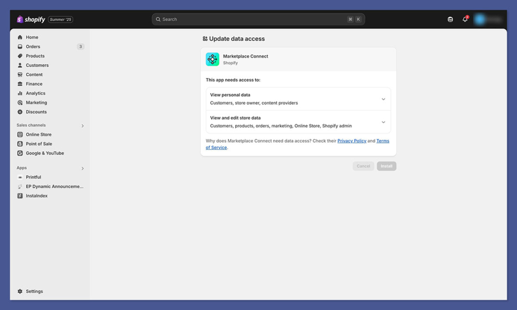 shopify marketplace connect install app